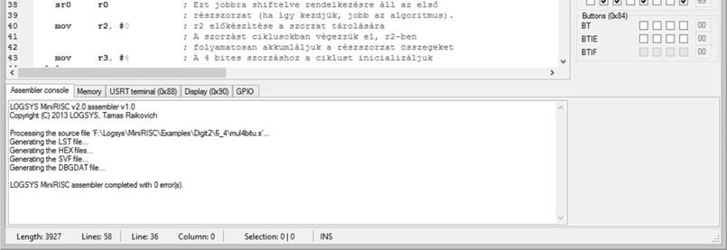 hex MiniRISC IDE - Programfejlesztés Futtatás: Szimulátorban Hardveren Fordítás és letöltés Végrehajtás vezérlése Forráskód szerkesztő tartalma USRT terminál Kijelző