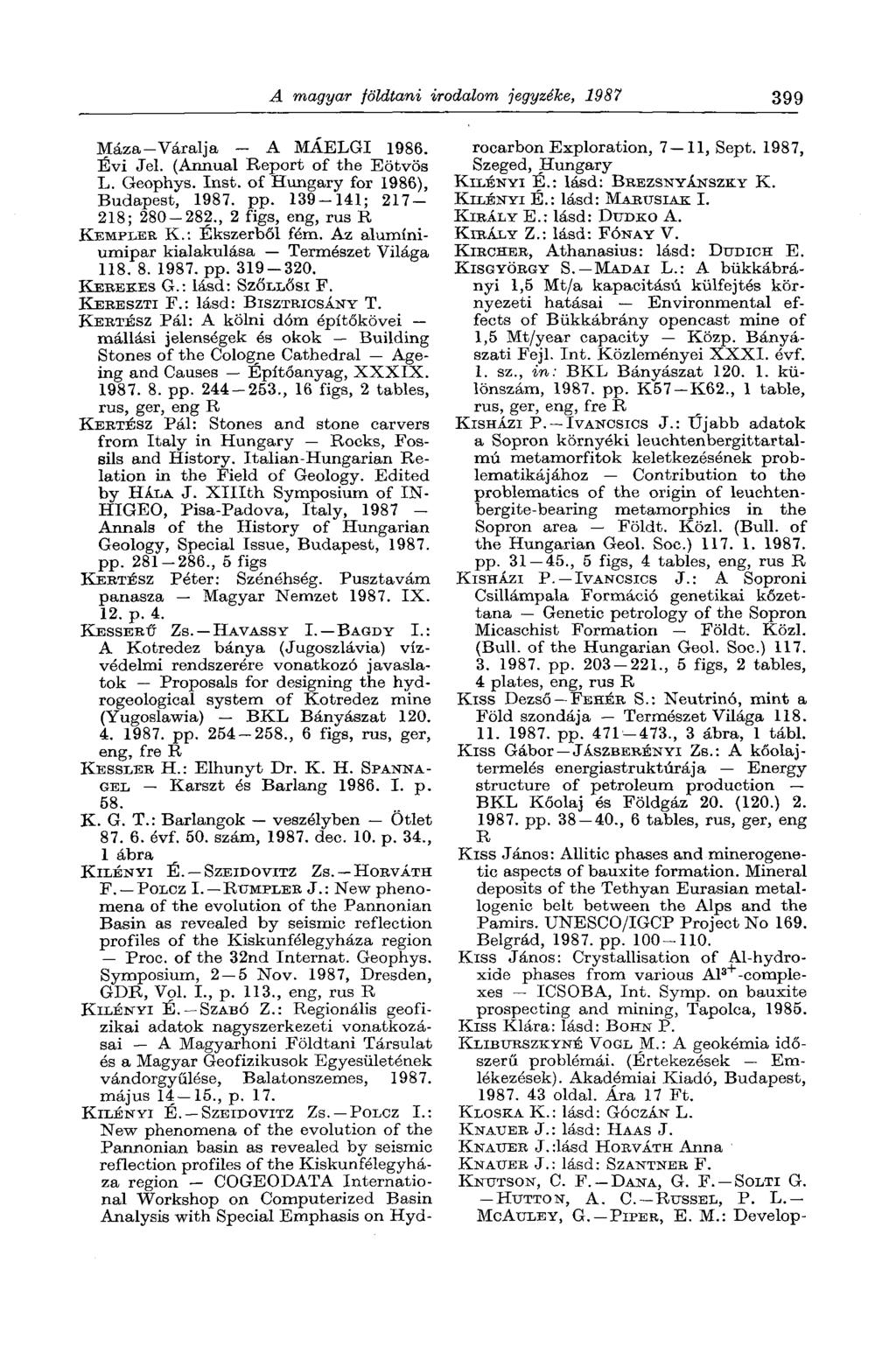 A magyar földtani irodalom jegyzéke, 1987 399 Máza-Váralja A MÁELGI 1986. Évi Jel. (Annual Report of the Eötvös L. Geophys. Inst, of Hungary for 1986), Budapest, 1987. pp. 139-141; 217-218; 280-282.