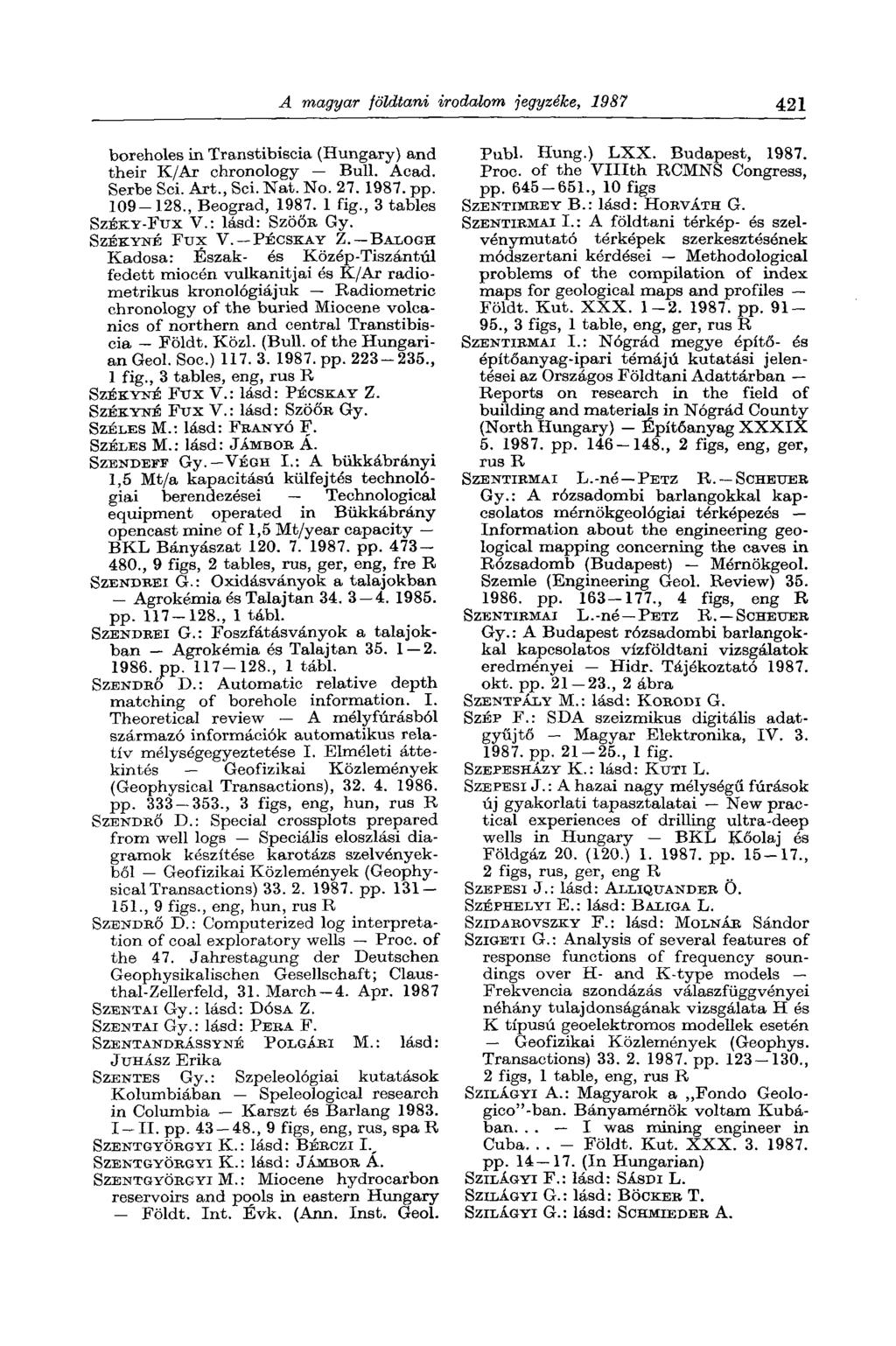 A magyar földtani irodalom jegyzéke, 1987 421 boreholes in Transtibiscia (Hungary) and their K/Ar chronology Bull. Acad. Serbe Sei. Art., Sei. Nat. No. 27. 1987. pp. 109-128., Beograd, 1987. 1 fig.