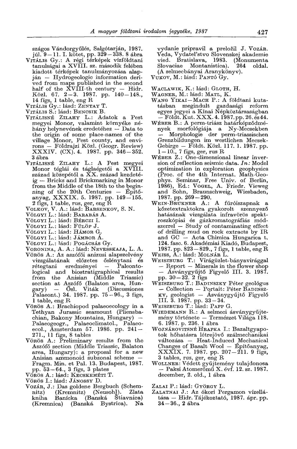 A magyar földtani irodalom jegyzéke, 1987 427 sza