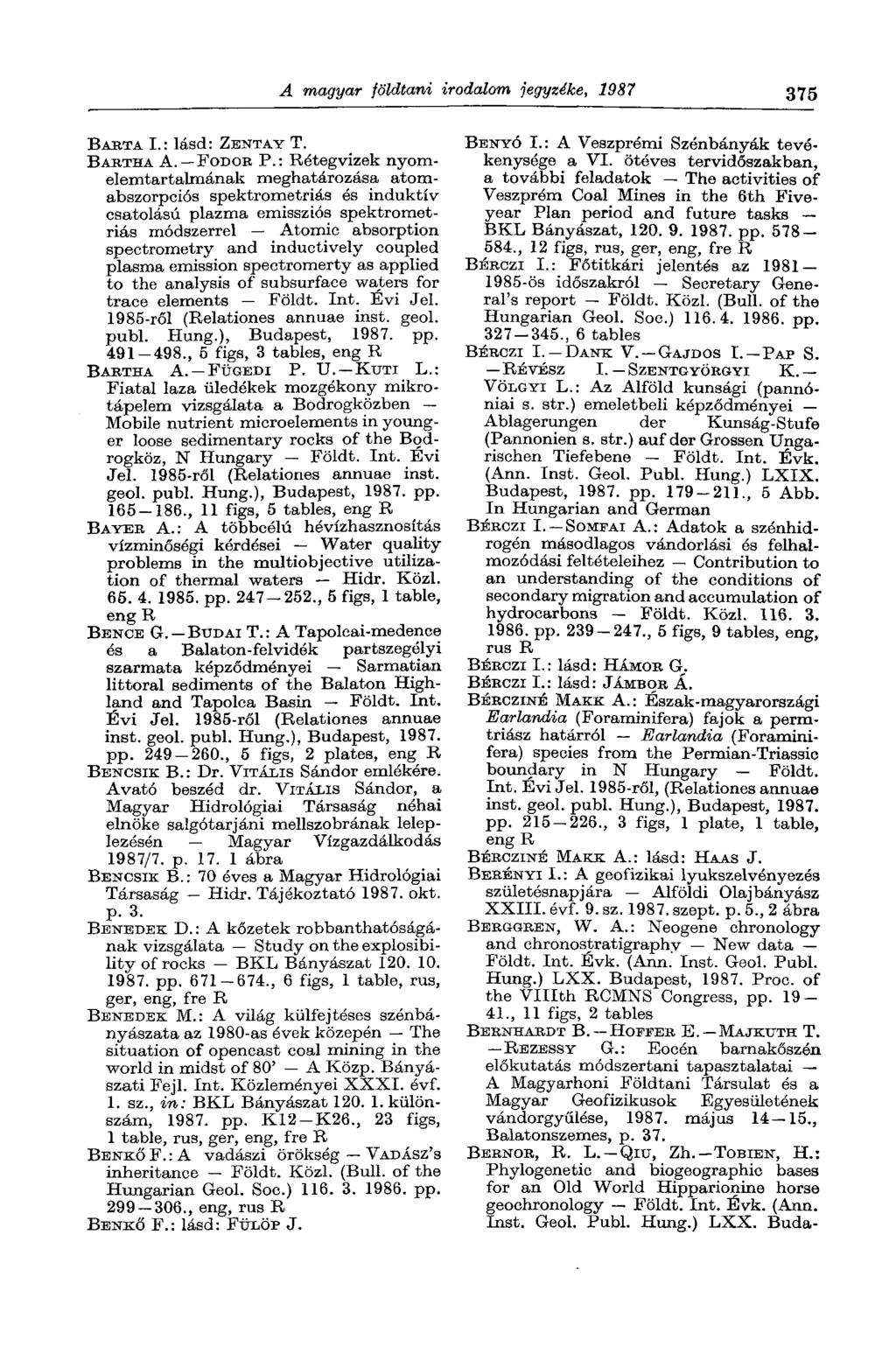 A magyar földtani irodalom jegyzéke, 1987 375 BARTA I.: lásd: ZENTAY T. BARTHA A. FODOB P.