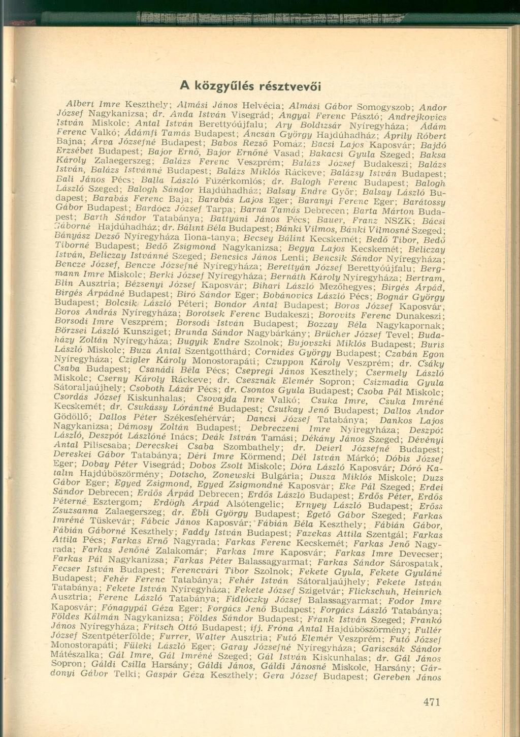 A közgyűlés résztvevői Albert Imre Keszthely; Almást János Helvécia; Almási Gábor Somogyszob; Andor József Nagykanizsa; dr.