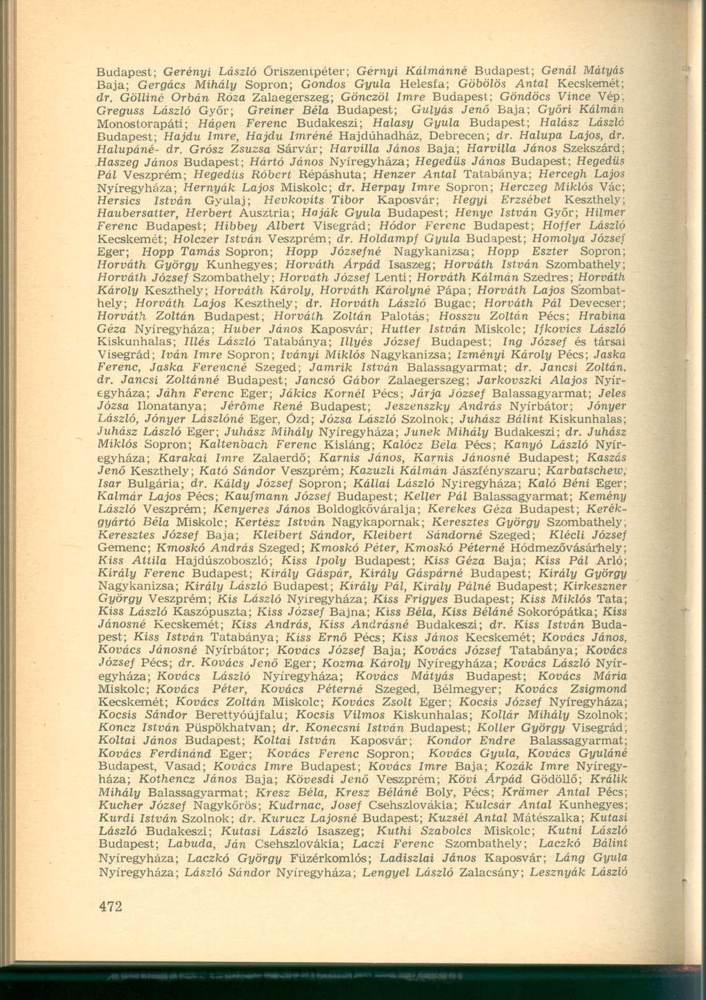 Budapest; Gerényi László Öriszenipéter; Gérnyi Kálmánné Budapest; Genál Mátyás Baja; Gergács Mihály Sopron; Gondos Gyula Helesfa; Göbölös Antal Kecskemét; dr.