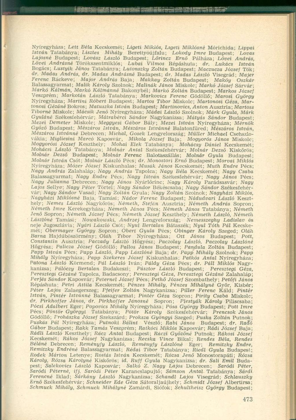 Nyíregyháza; Lett Béla Kecskemét; Ligeti Miklós, Ligeti Miklósné Mórichida; Lippai István Tatabánya; Lisztes Mihály Berettyóújfalu; Lokody Imre Budapest; Lovas Lajosné Budapest; Lovász László