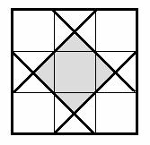 5. Egy egység oldalhosszú négyzet oldalainak harmadolópontjait az ábra szerint összekötöttük. Mekkora a befestett terület nagysága?