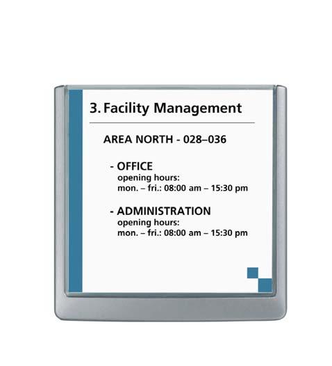 The labeling insert made of white cardboard can be easily changed because the viewing window can simply slide up and then open to the front. The signs can be screwed or glued.