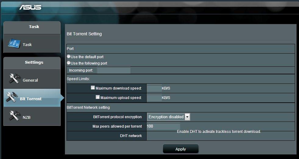 A Download Master navigációs pultjáról kattintson a BitTorrent lehetőségre a BitTorrent Setting (BitTorrent beállítása) oldal elindításához. 2.