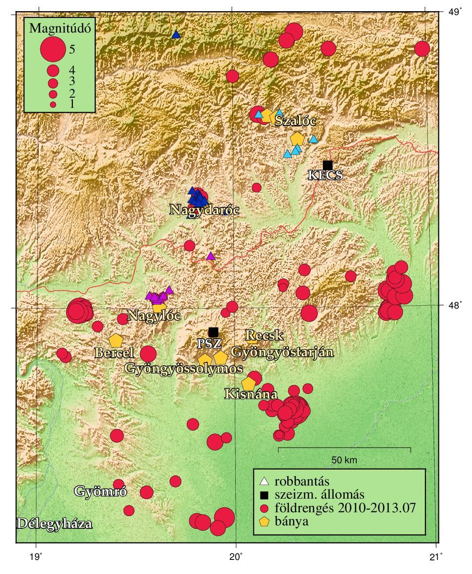 3. ábra. A 2010-2013.07 között regisztrált földrengések és bányarobbantások epicentrumai, és az érintett bányák elhelyezkedése Figure 3. The epicenter map of earthquakes registered between 2010-2013.