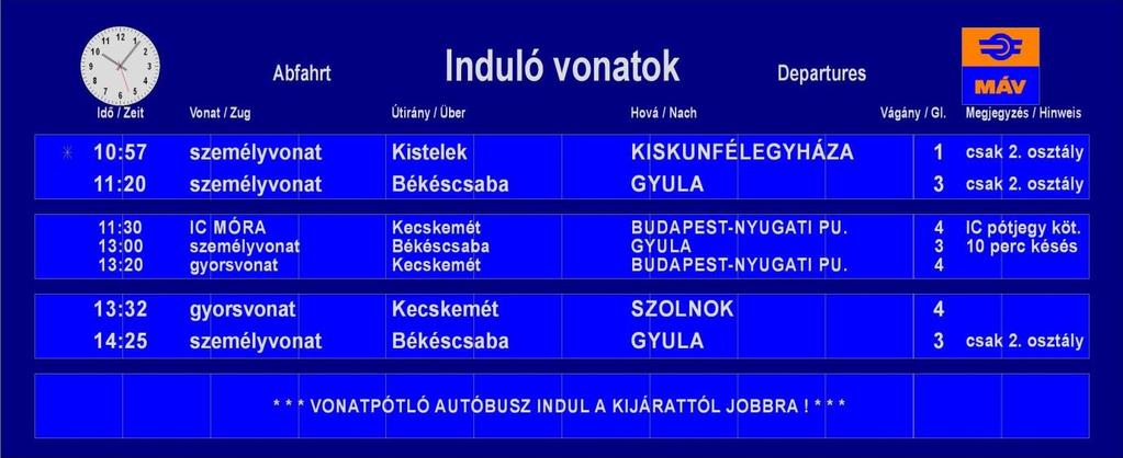 A közbenső állomás(ok) neve / Útirány /, a célállomás neve és az indulási állomás neve (min. 34 LCD karakterrel), A CÉLÁLLOMÁS és az INDULÁSI ÁLLOMÁS neve csupa nagybetűvel írandó. Érkezési ill.