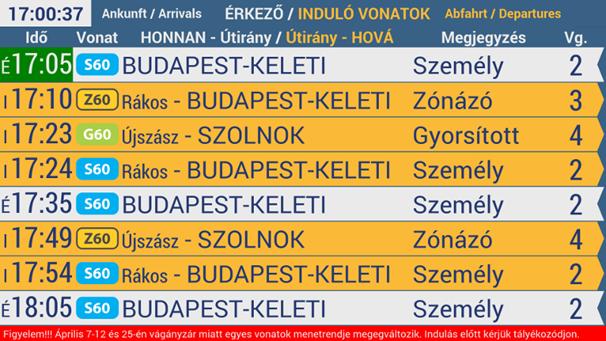 o 5-8 db vonat kijelzése esetén 8 soros kijelzés szükséges. Alul a havária sor: piros alapon (#ff0000) fehér betűkkel (#eaeaea) jelenjen meg, ha van. Alap kijelzési szöveg pl.