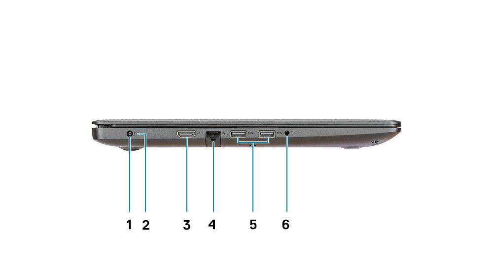 Bal oldali nézet 1 Tápadapter port 2 Akkumulátor állapotjelző fény 3 HDMI-Port 4 Hálózati port 5 USB 3.