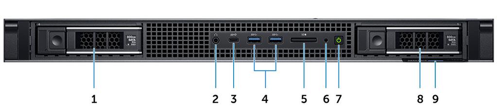 2 Ház áttekintése Elölnézet 1 Merevlemez-foglalat 0 2 Audioport 3 USB Type-C 3.1 Gen2 port 4 USB Type-A 3.