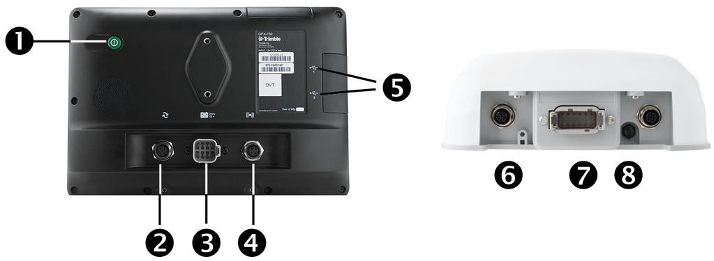 GFX-750 Megjelenítési Rendszer Elem Előírás Használat... 1 Bekapcsoló gomb A kijelző be-, illetve kikapcsolása. 2 Bővítőport (5 tűs, B kiosztás) Csatlakozás be- és kimeneti eszközökhöz.