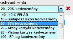 2.2.11. Számla kedvezmény megadása, törlése Számla kedvezmény kiválasztható a Kedvezmény/Felár listáról. A kedvezményeket a Kedvezmény törzs karbantartóban lehet rögzíteni.