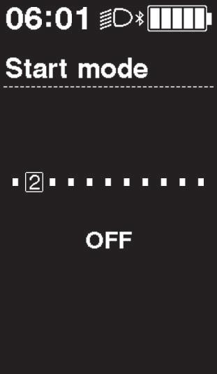 HASZNÁLAT ÉS BEÁLLÍTÁS Beállítás menü [Start mode] Az indulási üzemmód beállítása Automatikusan átvált a beállított váltófokozatba, amikor a kerékpár állásból elindul. 1.