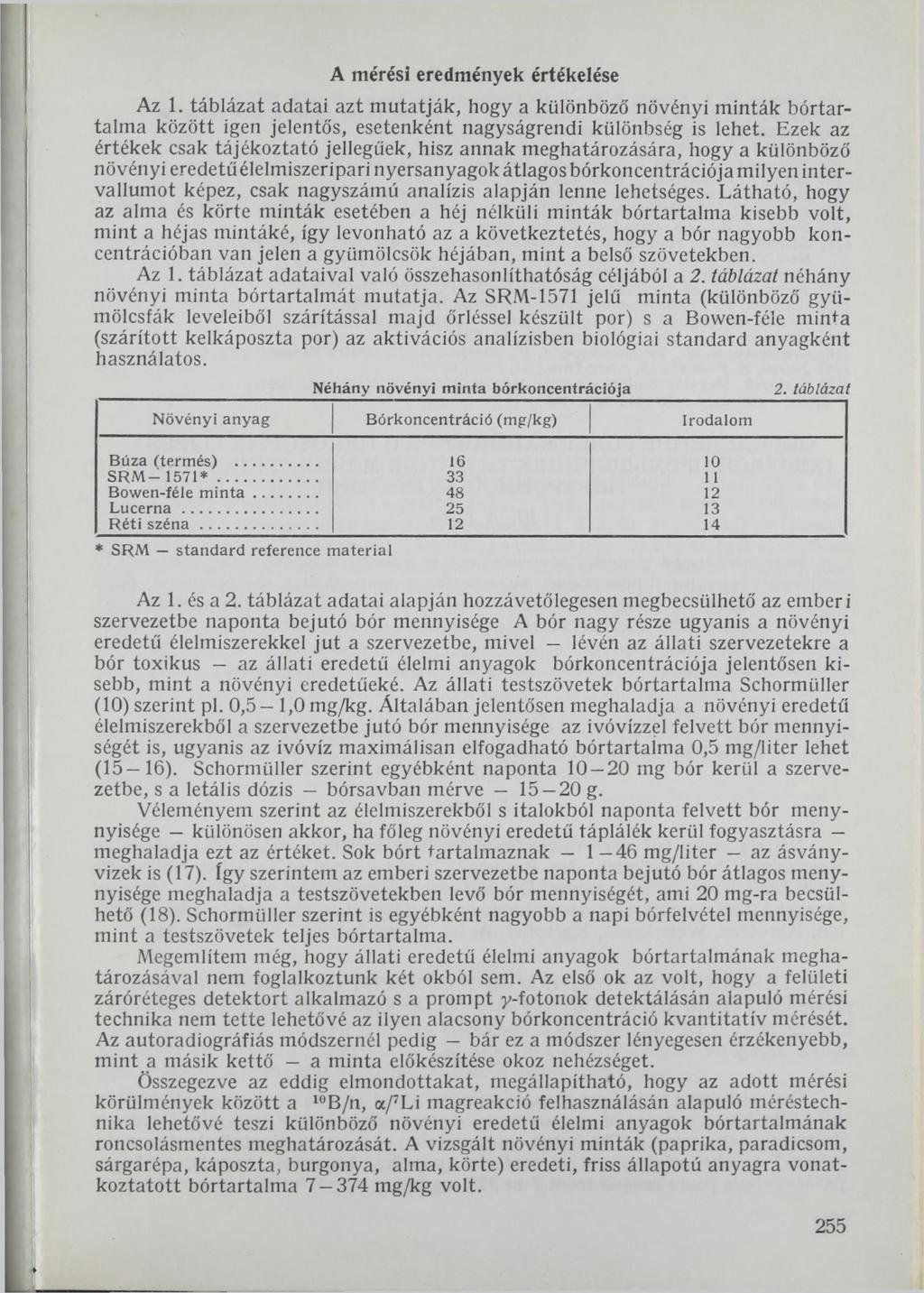 A mérési eredmények értékelése Az 1. táblázat adatai azt mutatják, hogy a különböző növényi minták bértartalma között igen jelentős, esetenként nagyságrendi különbség is lehet.