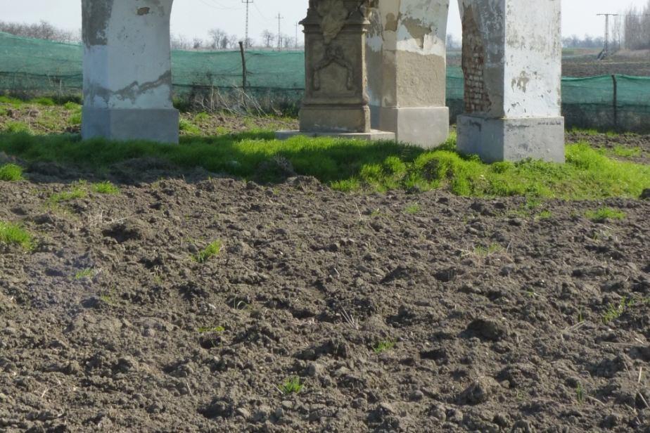 faragott szoborcsoportból és avédelmére állított három lábon álló, gúla alakú tetőszerkezetű, fazsindellyelfedett védőépítményből áll. A műemléket jelenleg szántó veszi körül.