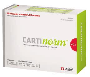 Cartinorm +D3 filmtabletta, 60 db (118 Ft/db) Főbb aktív összetevők: glükózamin, kondroitin, D3-vitamin Az ízületi betegség vagy fokozott ízületi terhelés következtében kialakuló
