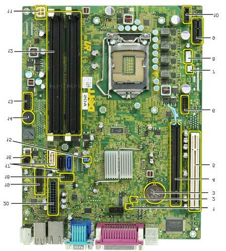 Az alaplap elrendezése Dell OptiPlex 980 szervizelési kézikönyv Helytakarékos kivitel 1 szervizmód áthidaló (Service_Mode) 2 RTC-visszaállító áthidaló (RTCRST) 3 elemrekesz (BATTERY) 4 PCI Express