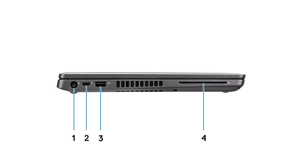 7 LED aktivitásjelző lámpája Bal oldali nézet 1 Tápcsatlakozóport 2 USB 3.1 Gen 2 (USB Type-C) port DisplayPort/Thunderbolt funkcióval (opcionális) 3 USB 3.