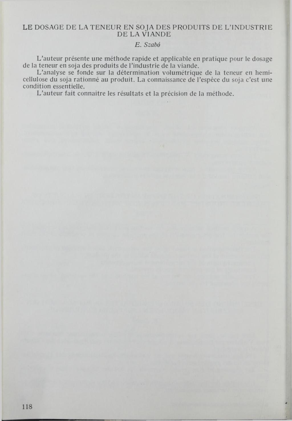 LE DOSAGE DE LATENEUR EN SOJA DES PRODUITS DE L INDUSTRIE DE LA VIANDE E.