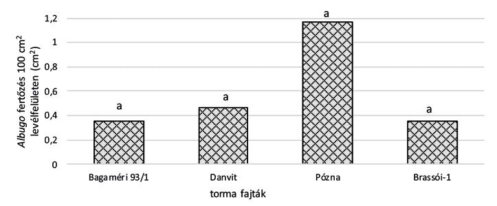 ZÖLDSÉGTERMESZTÉS 9. ábra. Albugo candida levélfertőzés tormalevélen (cm 2 /100 cm 2 ) (Nyíregyháza, 2018) A különböző betűindexet kapott értékek szignifikánsan (p<0,05) különböznek egymástól.