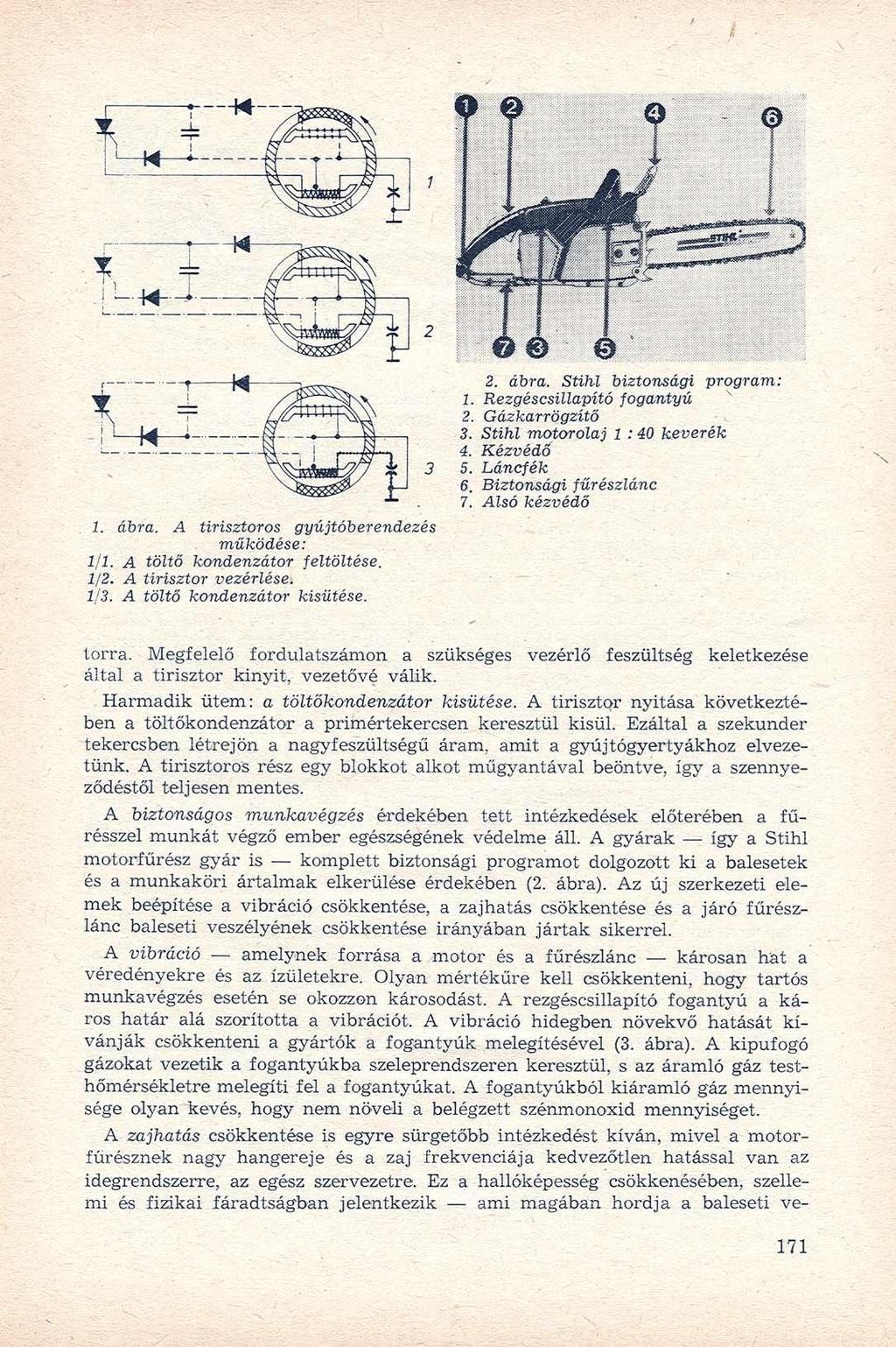 1. ábra. A tirisztoros gyújtóberendezés működése: 1/1. A töltő kondenzátor feltöltése. 1/2. A tirisztor vezérlése. 1/3. A töltő kondenzátor kisütése. torra.