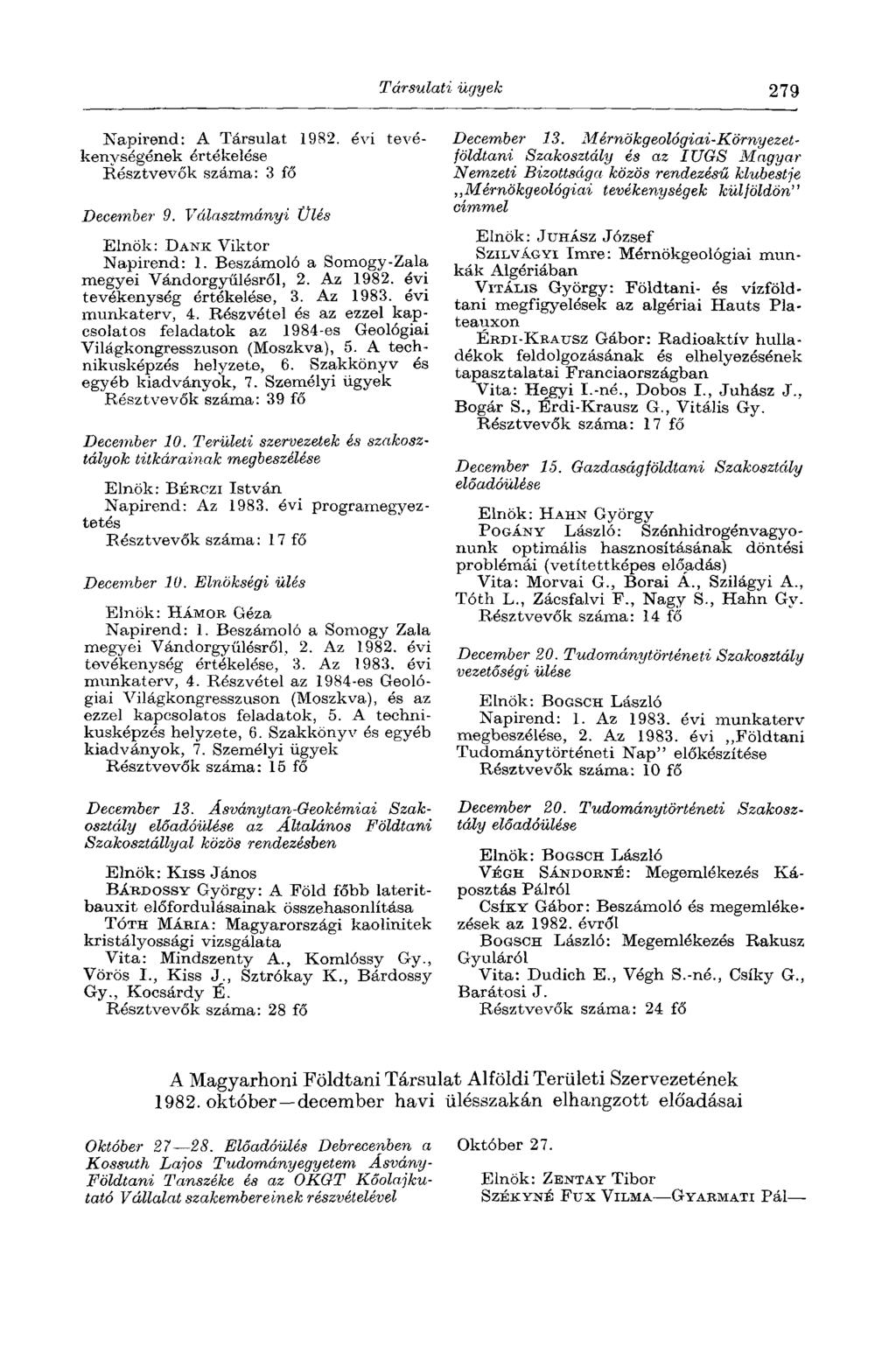 Társulati ügyek 279 Napirend: A Társulat 1982. évi tevékenységének értékelése Résztvevők száma: 3 fő December 9. Választmányi Ülés Elnök: DANK Viktor Napirend: 1.
