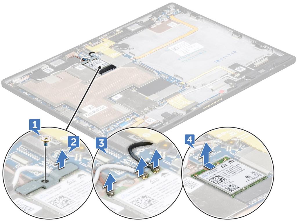 c elem 3 A WLAN-kártya eltávolítása: a Távolítsa el a WLAN-keretet rögzítő M2x2,0 (1) csavart [1]. b Emelje ki a WLAN-keretet az alaplapból [2]. c Válassza le az antennakábeleket a WLAN-kártyáról [3].