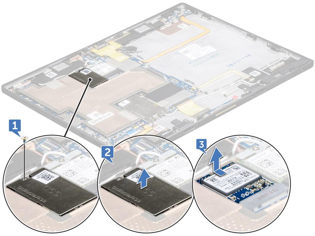 PCIe tartós állapotú meghajtó (SSD) Az SSD-modul eltávolítása 1 Kövesse a Mielőtt elkezdene dolgozni a táblaszámítógép belsejében című fejezet utasításait.