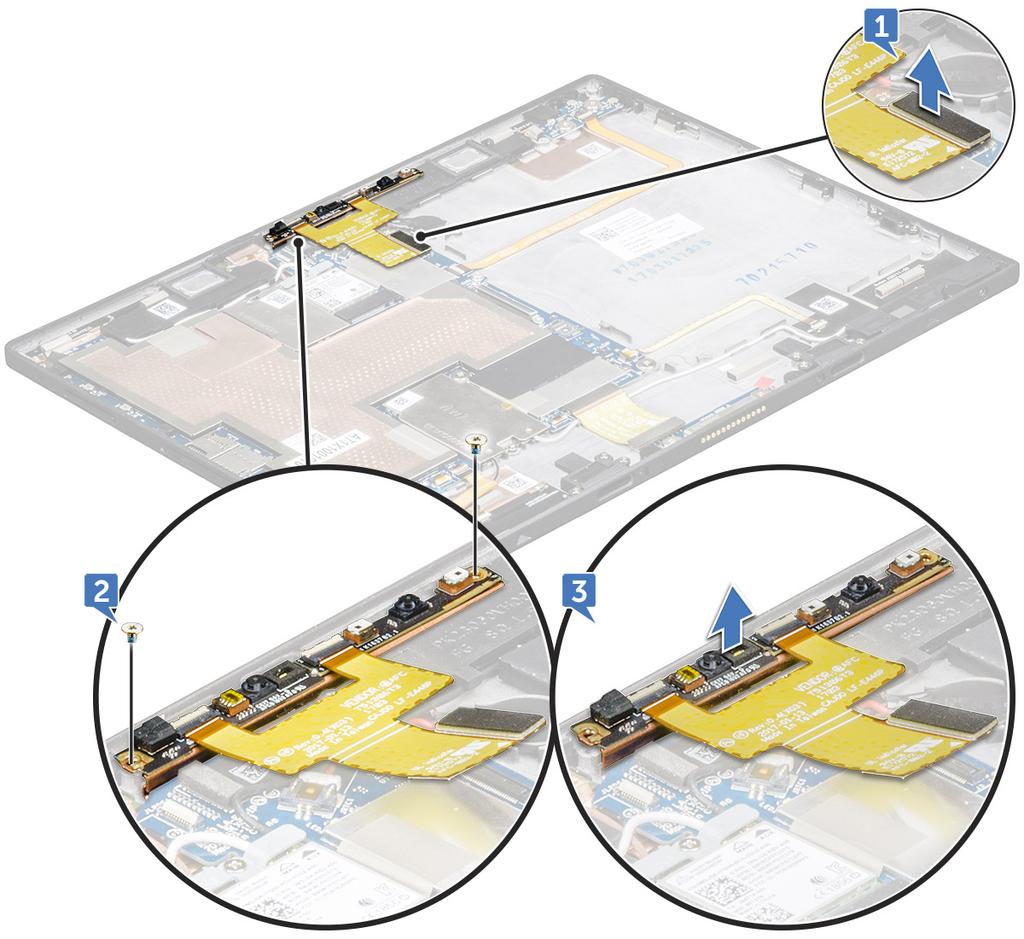 a b c microsim-kártya és microsd-kártya. kijelzőpanel elem 3 Az előre néző kamera eltávolítása: a Emelje fel a reteszt, és csatlakoztassa le az kamera csatlakozóját [1].