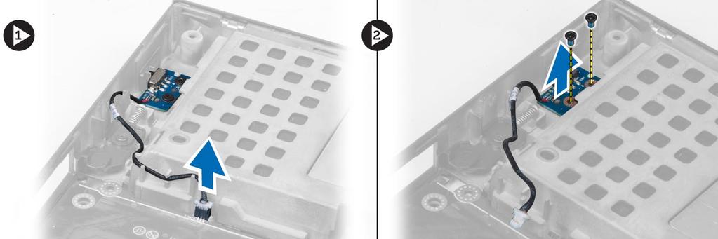 Az I/O panel beszerelése 1. Csatlakoztassa az I/O panel csatlakozóját, és csúsztassa az I/O panelt a számítógépben lévő foglalatába. 2.