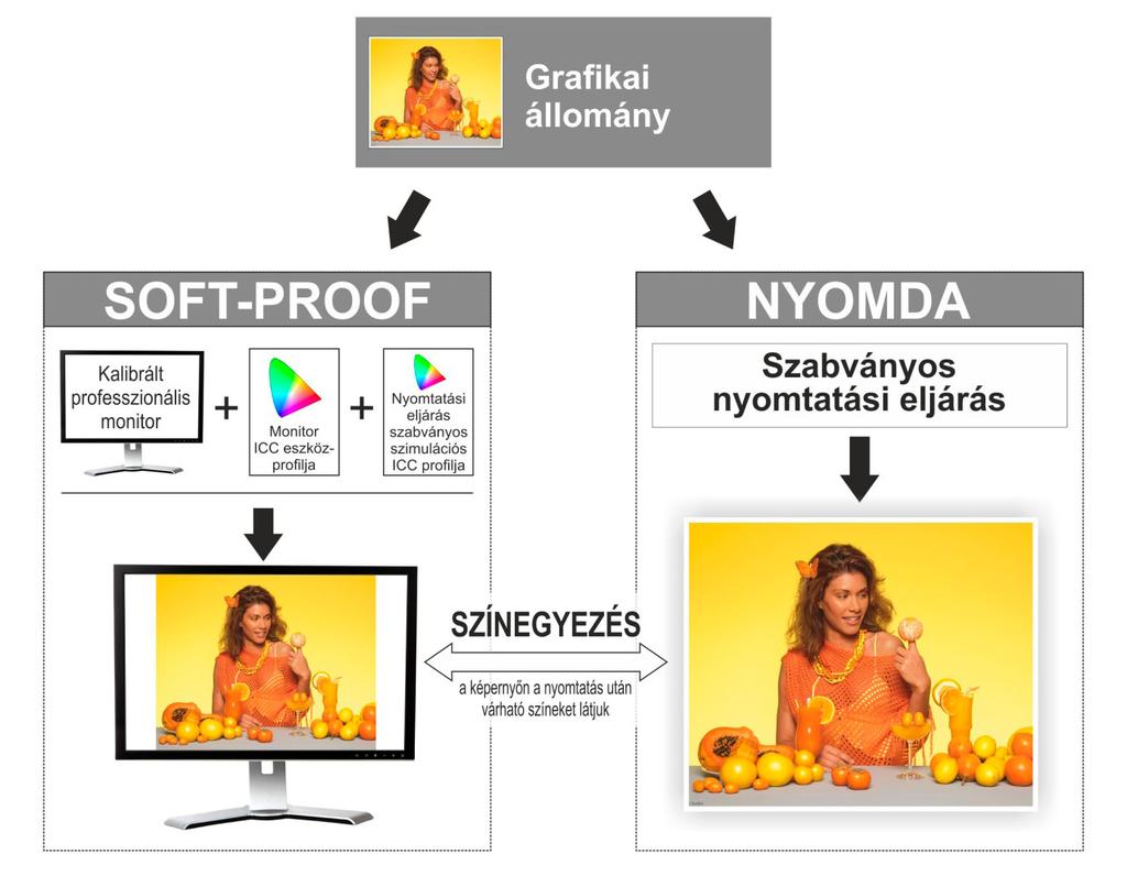 4.2 Contract soft proof A contract soft proof egy grafikai anyag képernyőn megjelenített színhelyes szimulációja, amelynek legnagyobb előnye az, hogy időt és fogyóeszközt takarít meg, továbbá az,