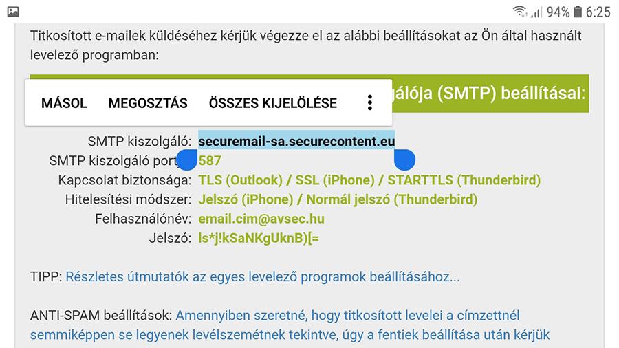 Másolja az SMTP kiszolgáló sorban