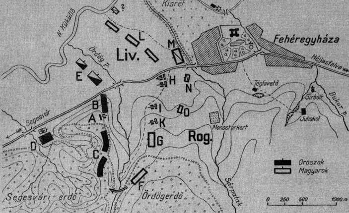 sz. könnyû gyalogosüteg, C = a lublini vadászezred 2 zászlóalja; a magyar balszárnyon: I = egy székely gyalogosüteg, K = egy