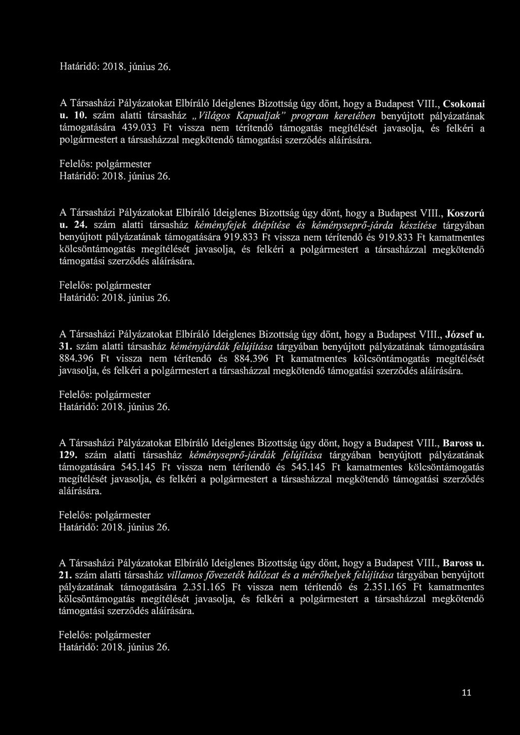 A Társasházi Pályázatokat Elbíráló Ideiglenes Bizottság úgy dönt, hogy a Budapest VIII., Csokonai u. 10.