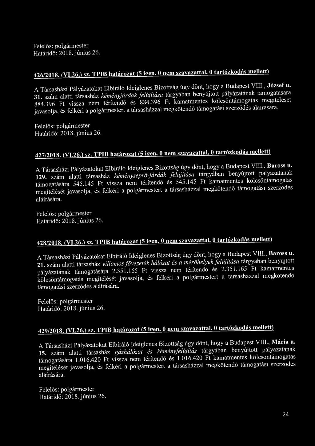 426/2018. (VI.26.) sz. TPIB határozat (5 igen. 0 nem szavazattal. 0 tartózkodás mellett) A Társasházi Pályázatokat Elbíráló Ideiglenes Bizottság úgy dönt, hogy a Budapest VIII., József u. 31.