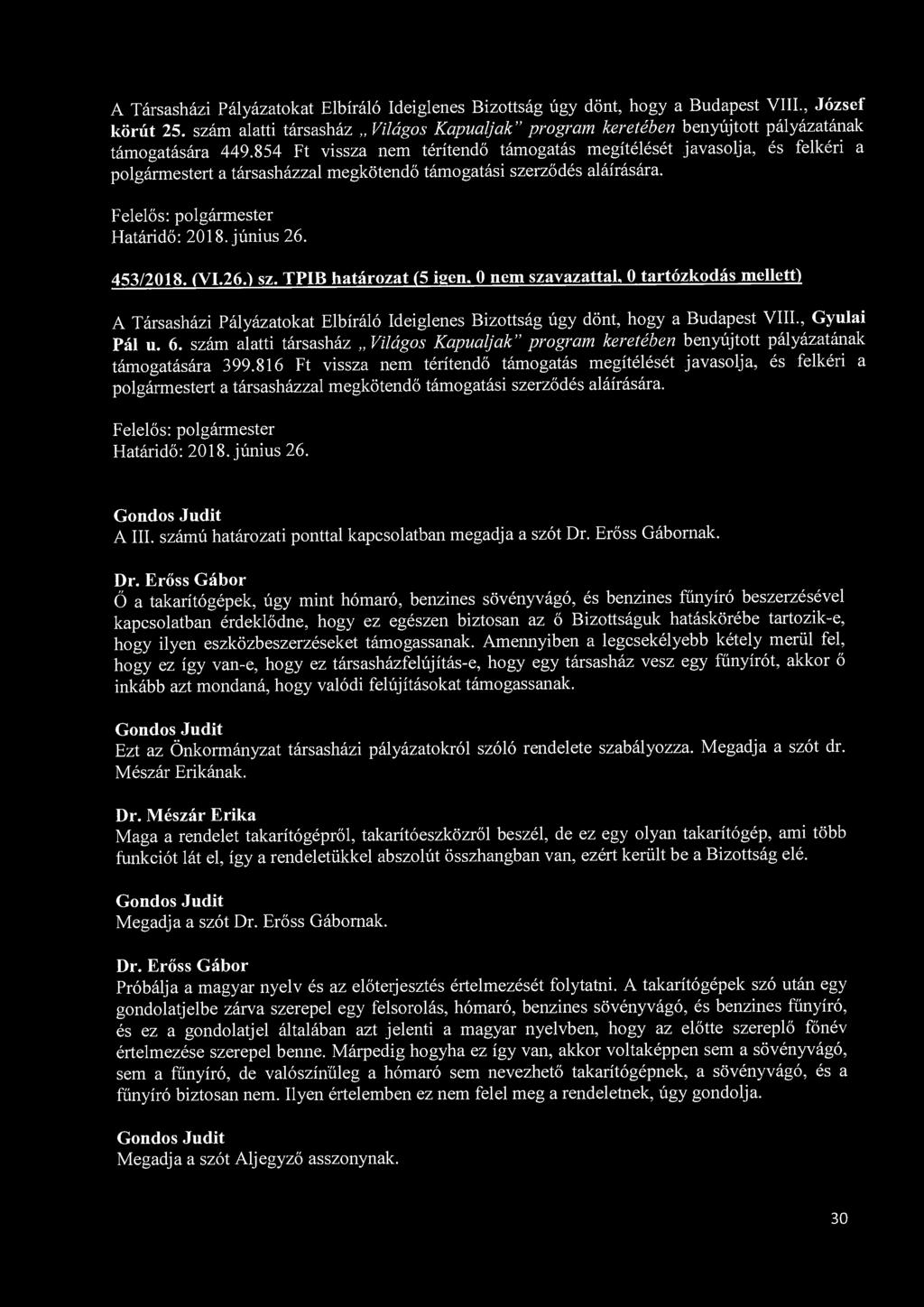 A Társasházi Pályázatokat Elbíráló Ideiglenes Bizottság úgy dönt, hogy a Budapest VIII., József körút 25.