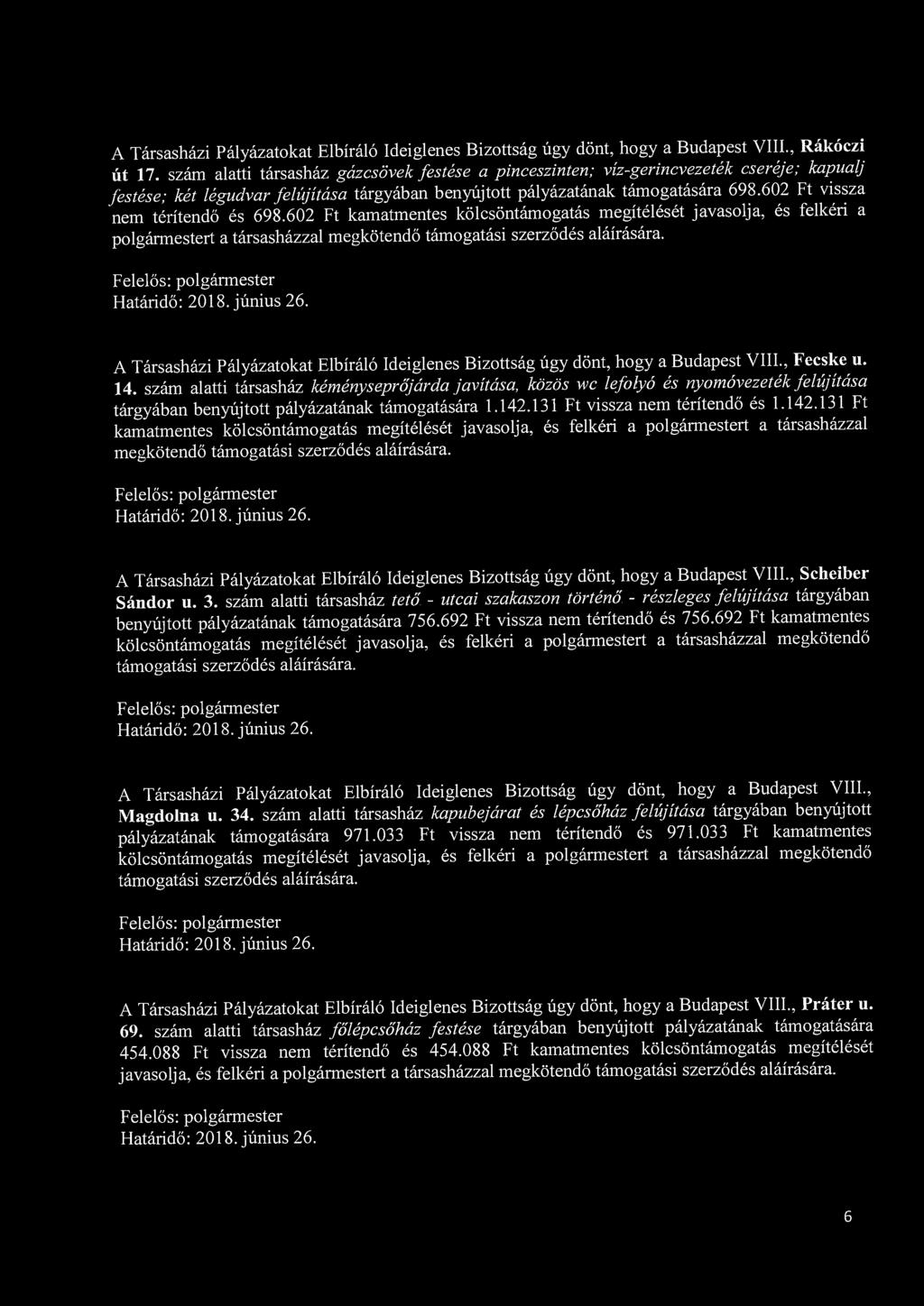 A Társasházi Pályázatokat Elbíráló Ideiglenes Bizottság úgy dönt, hogy a Budapest VIII., Rákóczi út 17.