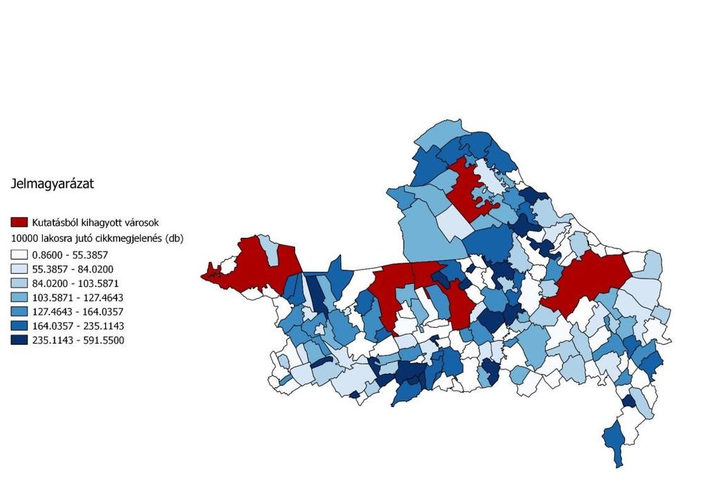 2. ábra:1000 lakosra jutó települési cikkemlítettség a Kisalföld 2013-as számaiban Győr- Moson-Sopron megyében (Kisalföld adatgyűjtés alapján saját szerkesztés) Ugyan ezt tapasztaltuk egyébként,