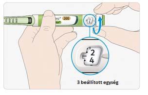 3. LÉPÉS Végezze el a biztonsági próbát Mindig, minden injekcióbeadás előtt végezze el a biztonsági próbát így: ellenőrizhető, hogy a toll és a tű megfelelően működik.