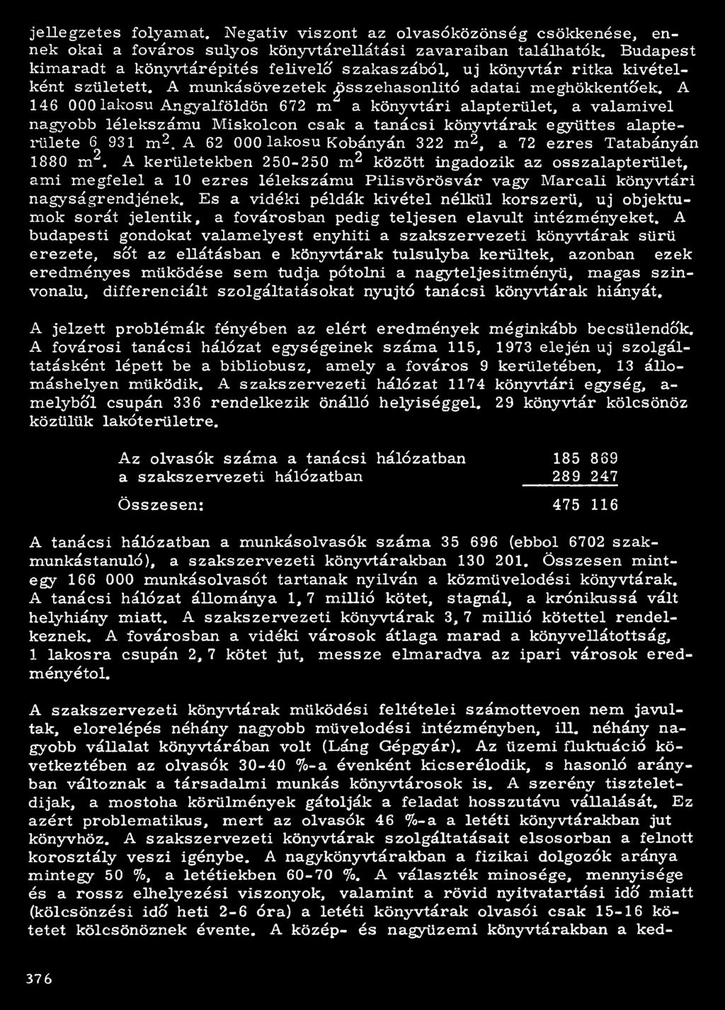 A 146 000 lakosú Angyalföldön 672 m a könyvtári alapterület, a valamivel nagyobb lélekszámú Miskolcon csak a tanácsi könyvtárak együttes alapterülete 6 931 m^.