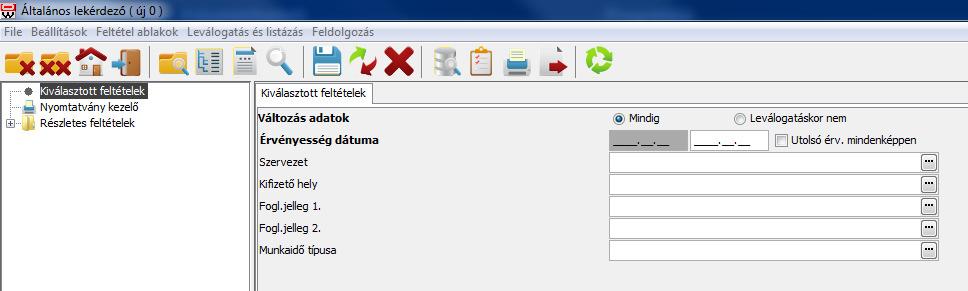 2.2. Feltételek megadása A táblába megnyitása után a következő panelt látjuk. Itt az a néhány feltétel látható, melyekre legtöbbször szükség van.