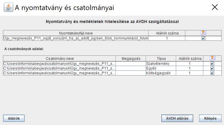 Az Aláírók gomb megnyomásával