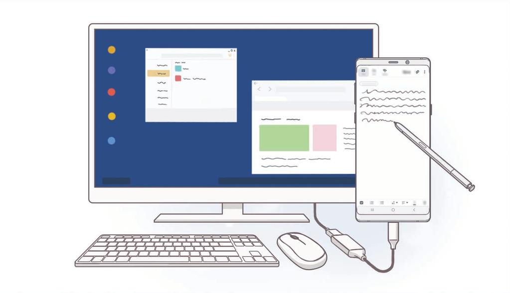 Alkalmazások és funkciók Samsung DeX Bevezető A Samsung DeX egy olyan szolgáltatás, amely lehetővé teszi, hogy külső kijelzőhöz, például TV-hez vagy monitorhoz történő csatlakoztatással