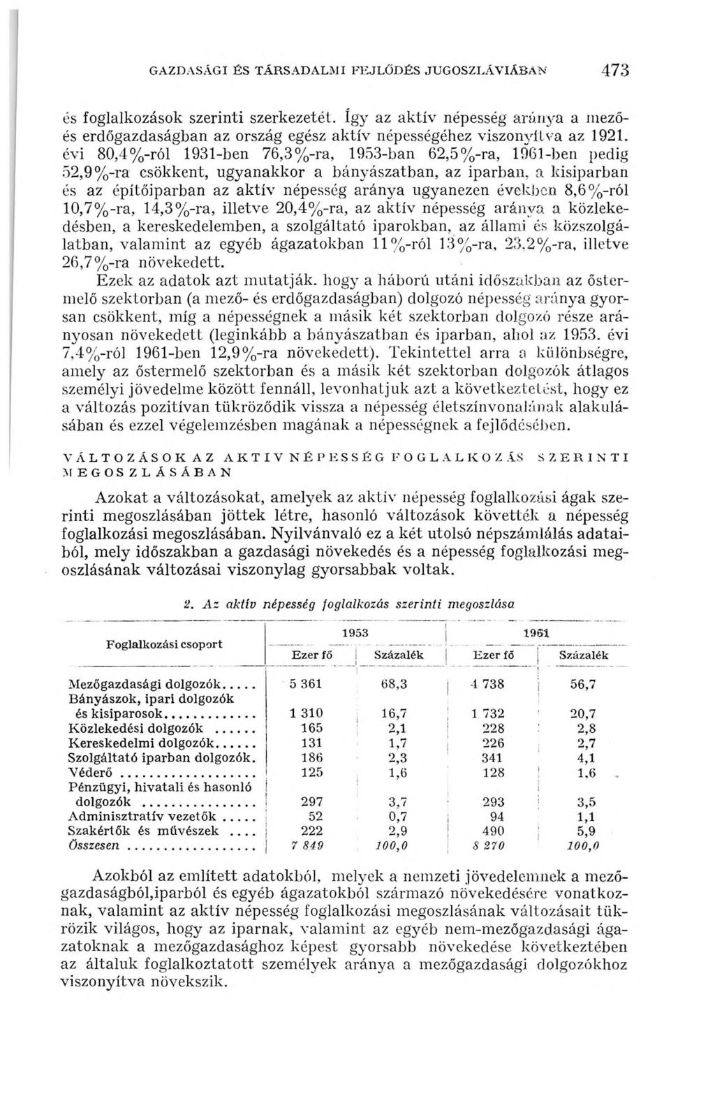 GAZDASÁGI ÉS TÁRSADALM I FEJLŐ D ÉS JUGOSZLÁVIÁBAN 473 és foglalkozások szerinti szerkezetét.