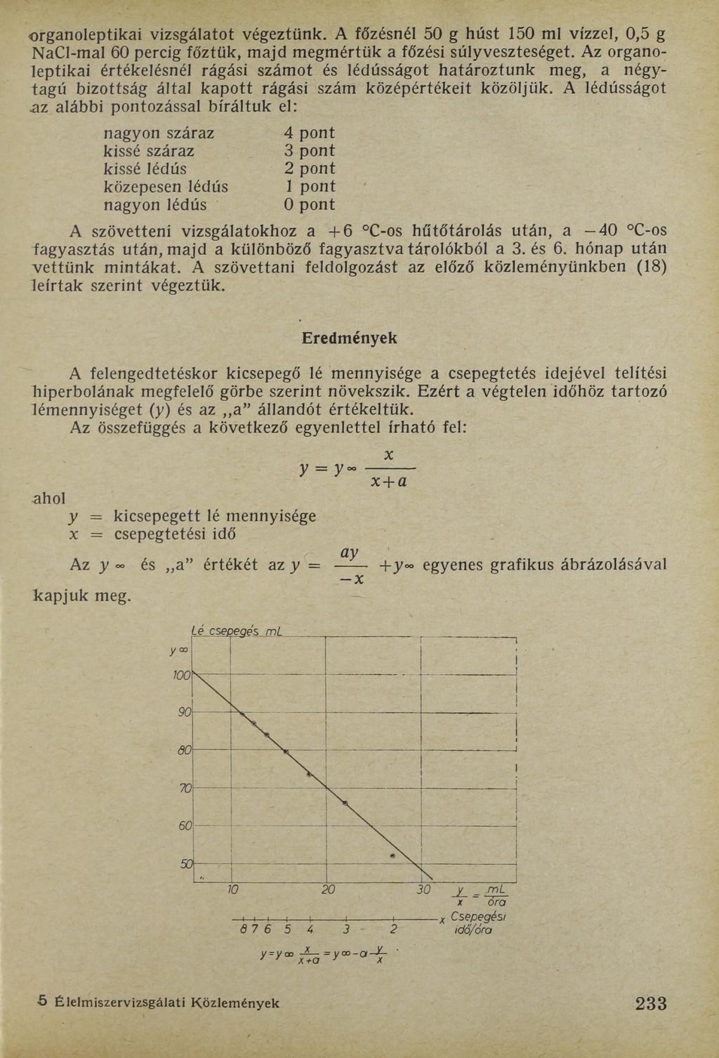 organoleptikai vizsgálatot végeztünk. A főzésnél 50 g húst 150 ml vízzel, 0,5 g NaCl-mal 60 percig főztük, majd megmértük a főzési súlyveszteséget.