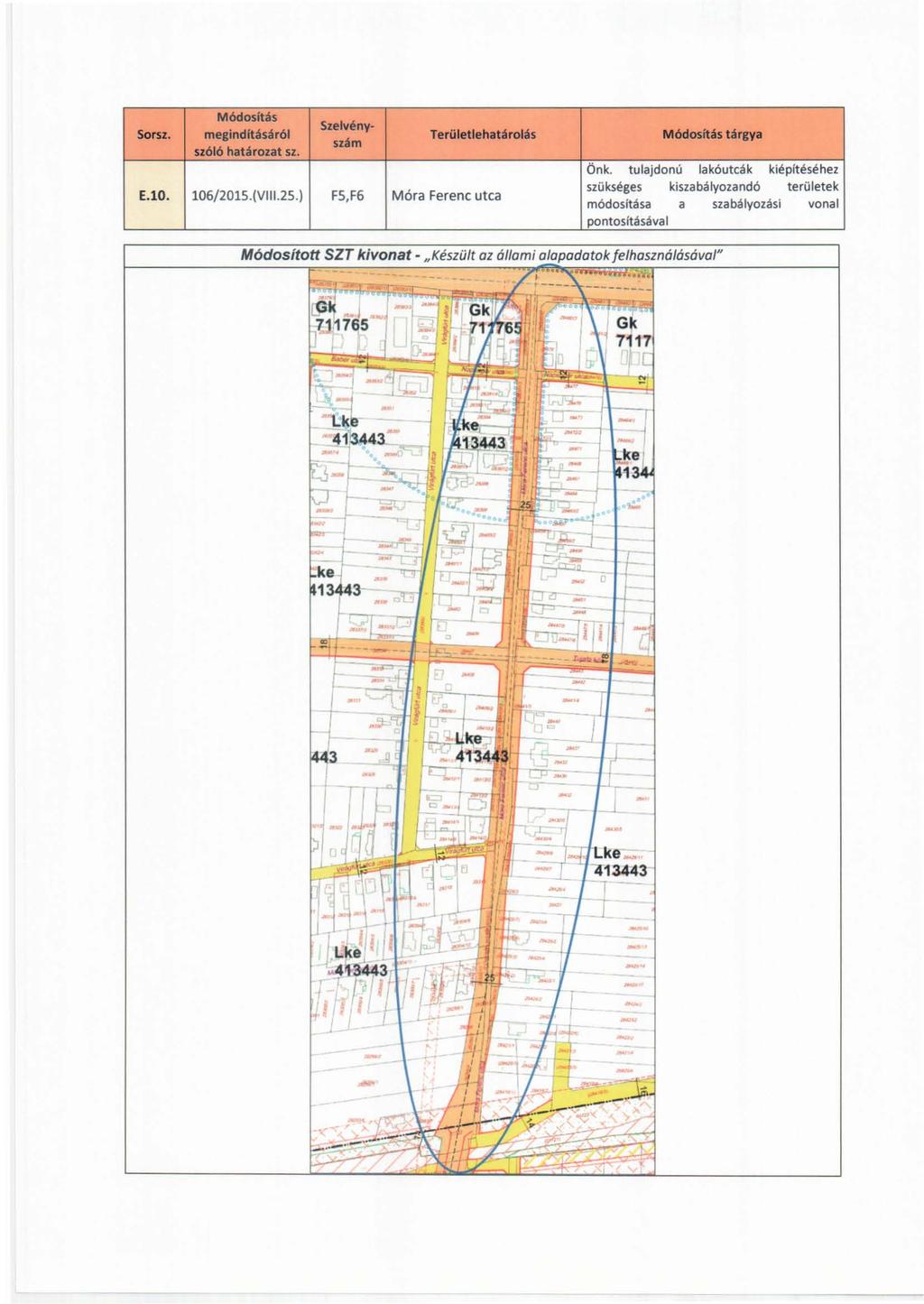 Som. Módositás meginditásár61 szól6 határozat sz. Szelvény. sz~m Területlehatárolás E.lO. lo6j201s.(v.2s.) FS.F6 Móra Ferenc utca Módosítás tárgya Önk.