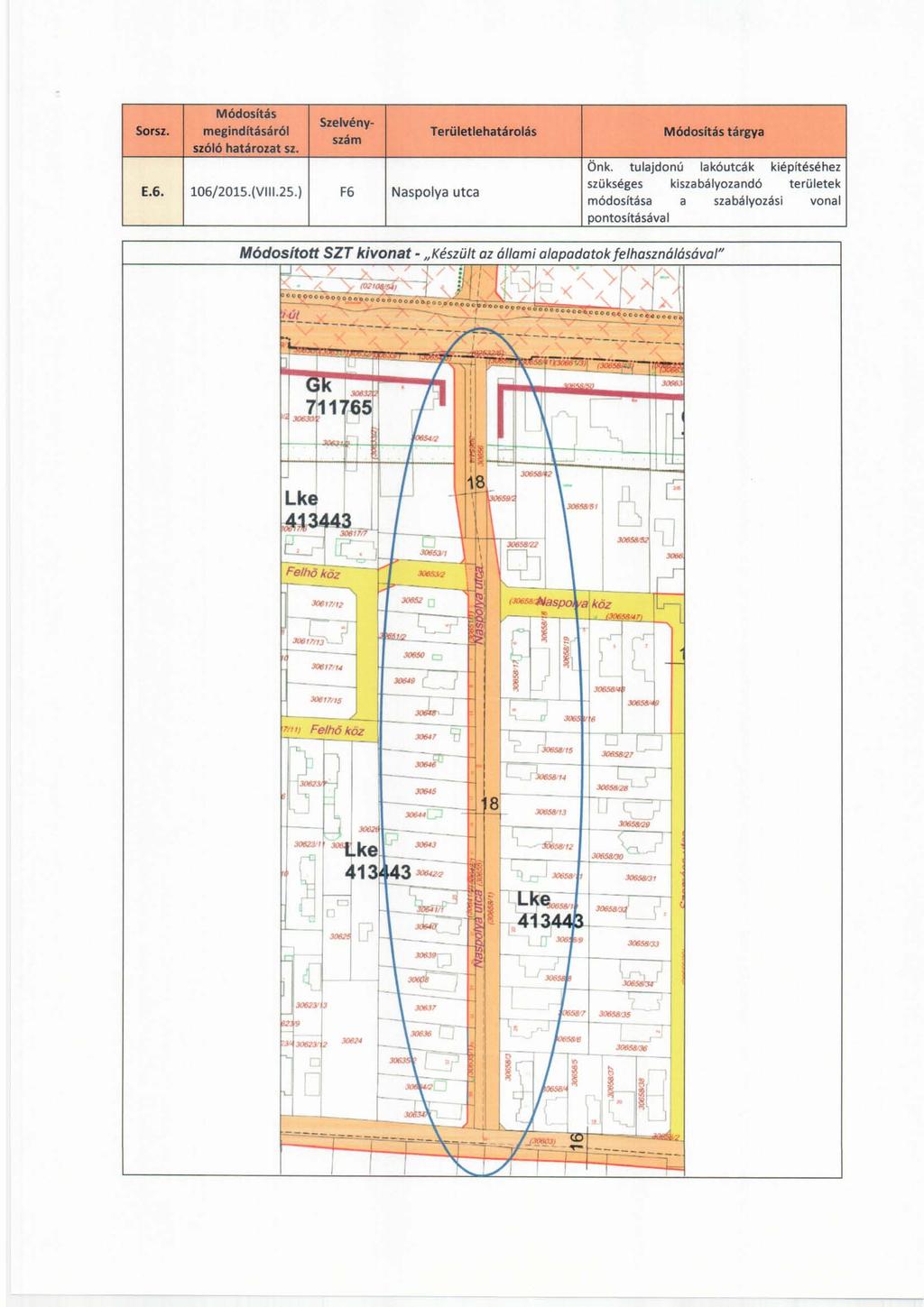 Sorsz_ Módoskás megindltásáról szóló határozat sz. Szelvényszám Területlehatárolás Módositás tárgya E_6_ lo6/201s.(v1.2s.) F6 Naspolya utca Önk.