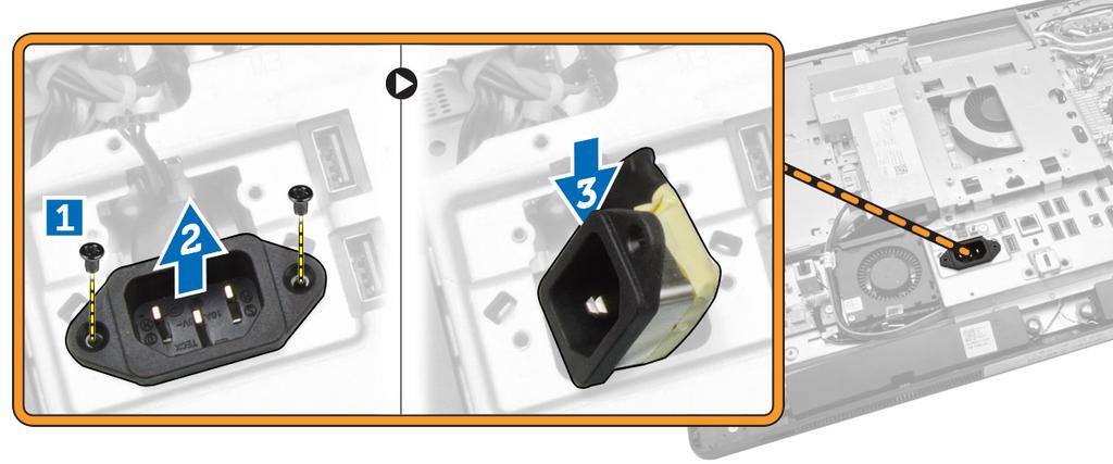 5. Távolítsa el a csavarokat, amelyek az I/O panel árnyékolást a házhoz rögzítik. Lazítsa meg a tápcsatlakozót és nyomja bele a foglalatba.